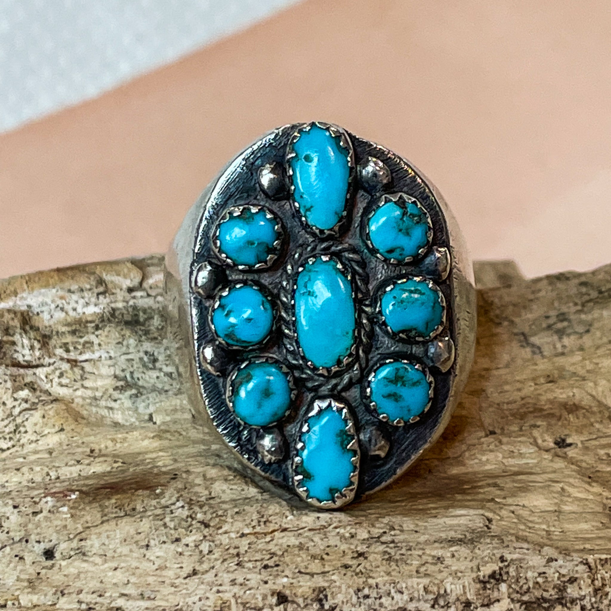 Navajo Large Triple-Stone Blue Bird Turquoise Engraved Sterling Silver Ring  - Bobby Johnson - Native American | Native American Jewelry